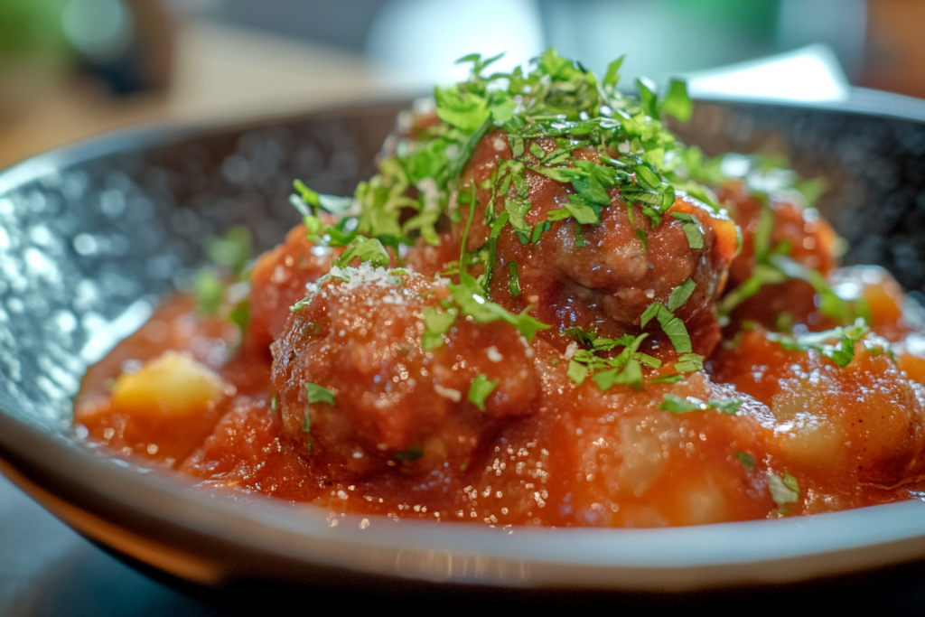 Regular meatballs served in a rich tomato sauce, highlighting fresh herbs.