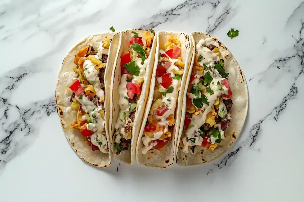 Reheated smash burger tacos on a marble background, showing both crispy and slightly softer textures.