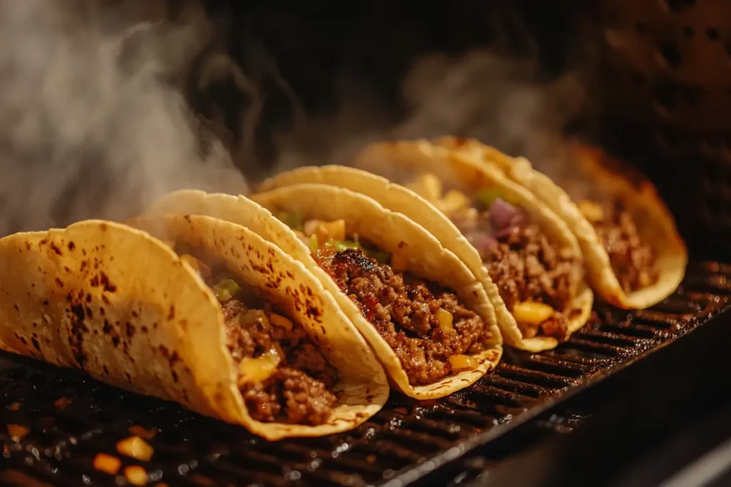 Close-up of smash burger tacos being reheated in an air fryer.