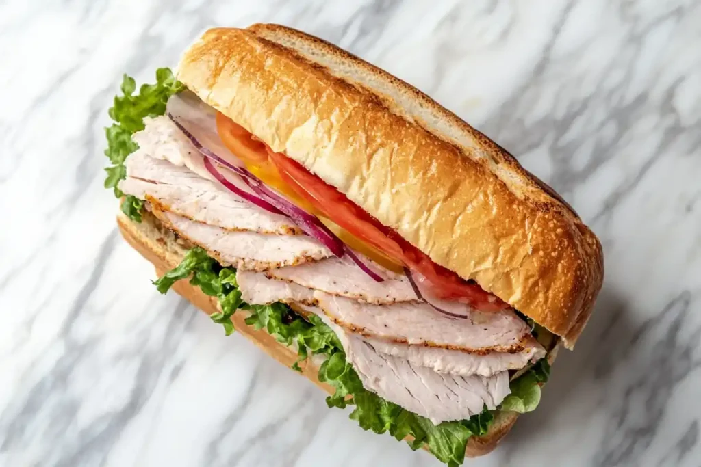 A close-up view of a past Panera sandwich highlighting unique parts on a marble surface.