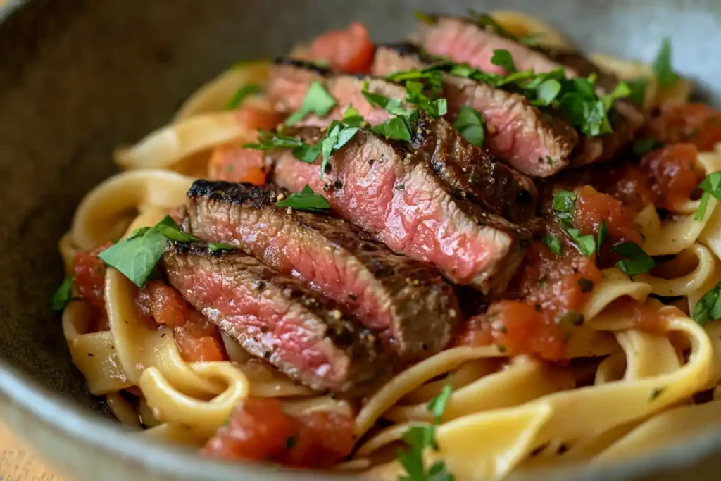 Close-up of pasta with ribeye steak and tomato sauce, showing a great pairing