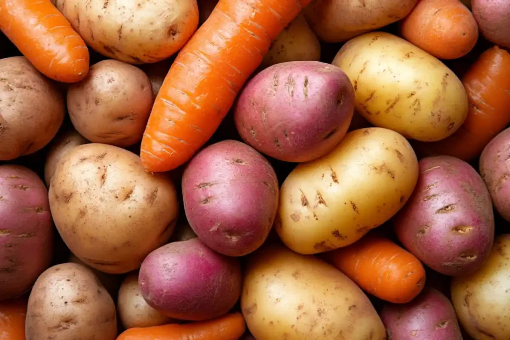 Close-up of root vegetables, including carrots, potatoes, and sweet potatoes, showing their rich colors and textures, good for soup.