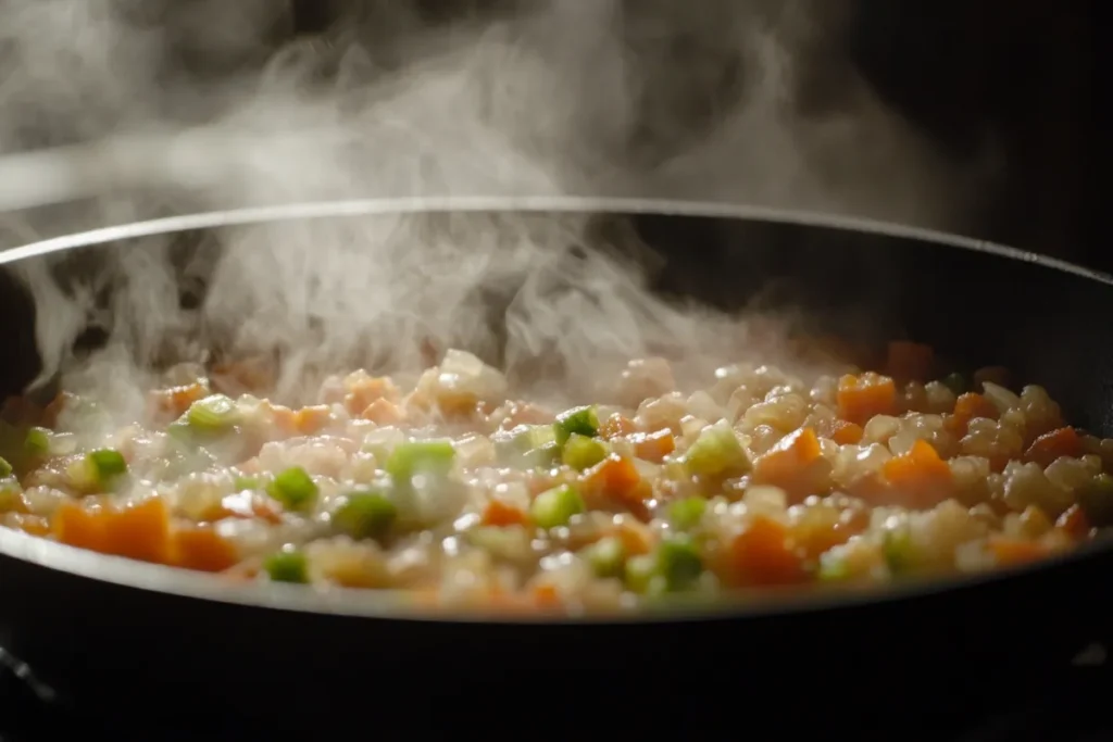 Mirepoix of soup vegetables sauteing in a pan.