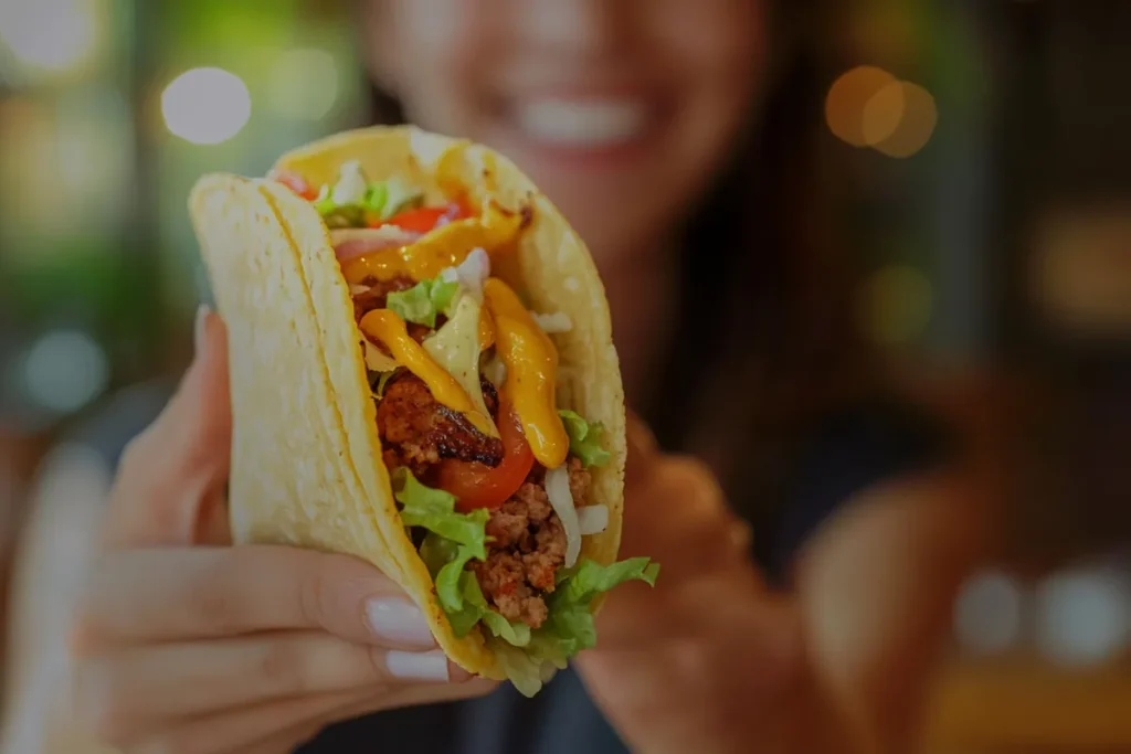 A person enjoying a smash burger taco, smiling in a casual setting.