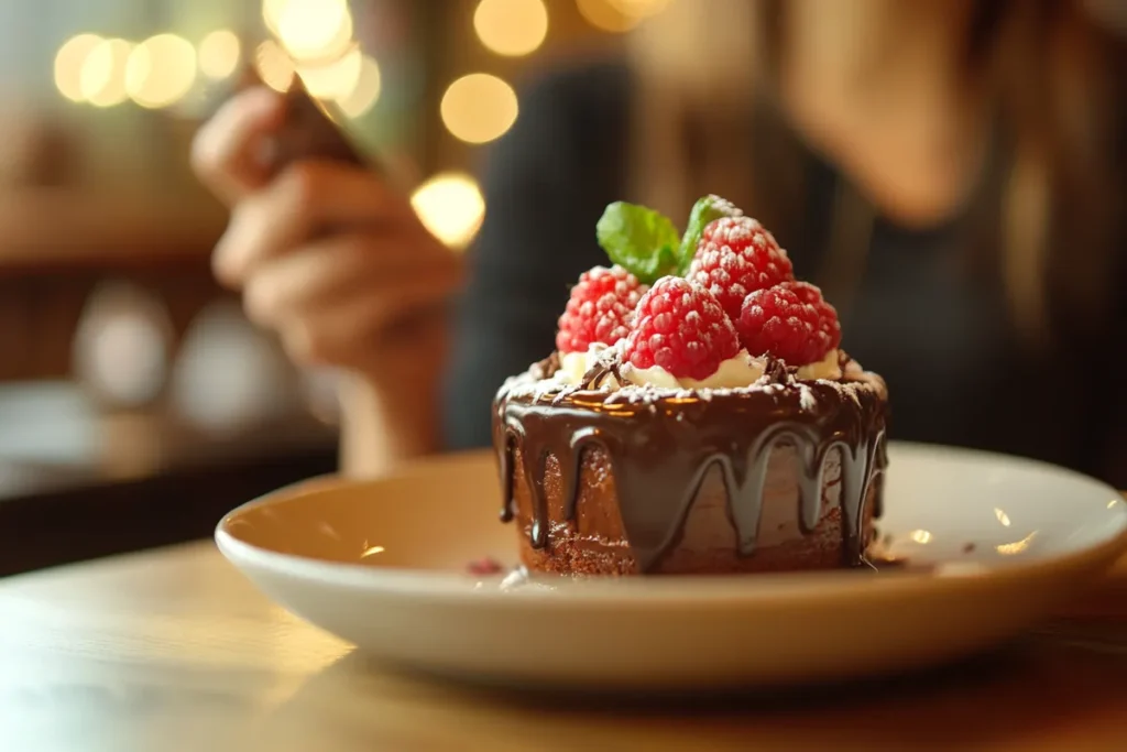 A person smiles while enjoying a chocolate and raspberry dessert in a cozy, inviting atmosphere.