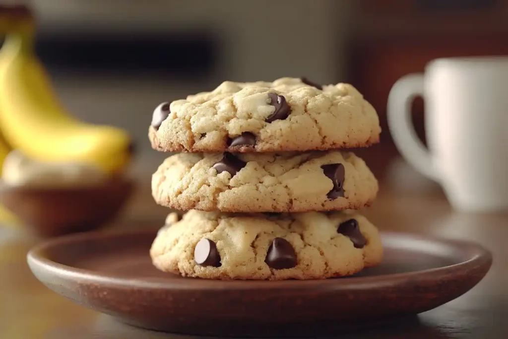 Stacked banana bread cookies on a plate