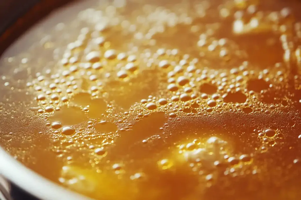 Close-up of simmering bone broth, showing its rich texture.