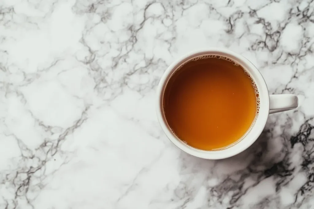 A warm mug of bone broth on a marble surface.