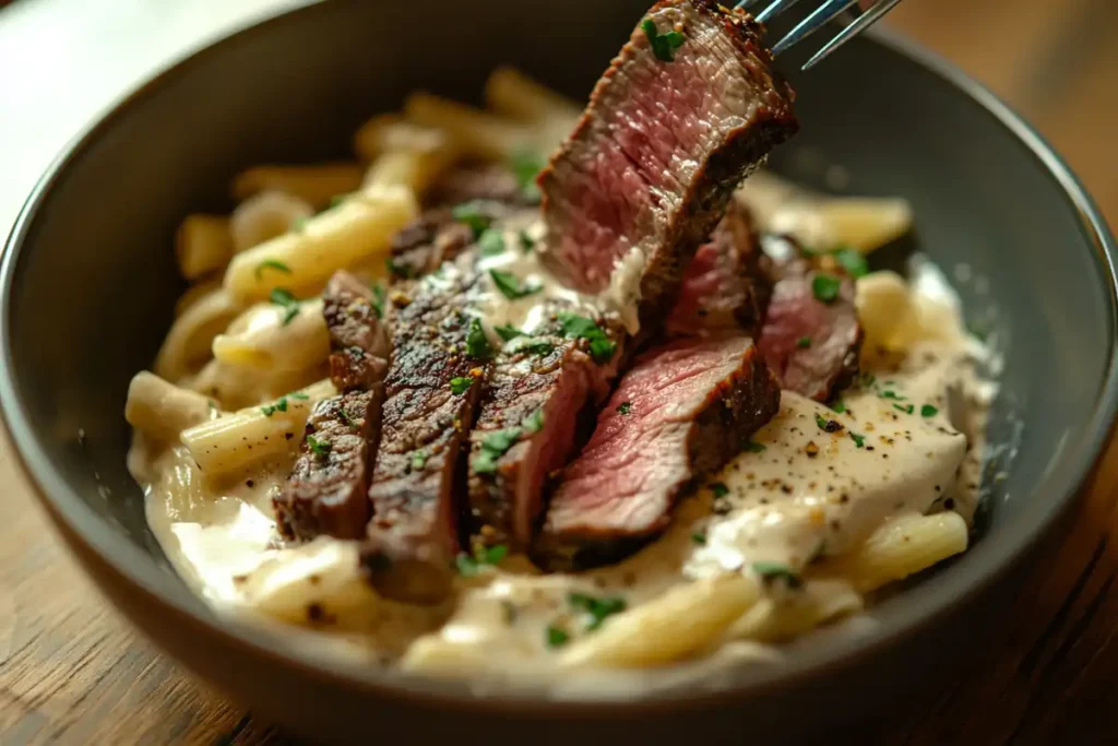 Sliced sirloin steak being added to a bowl of pasta, showing a great option.