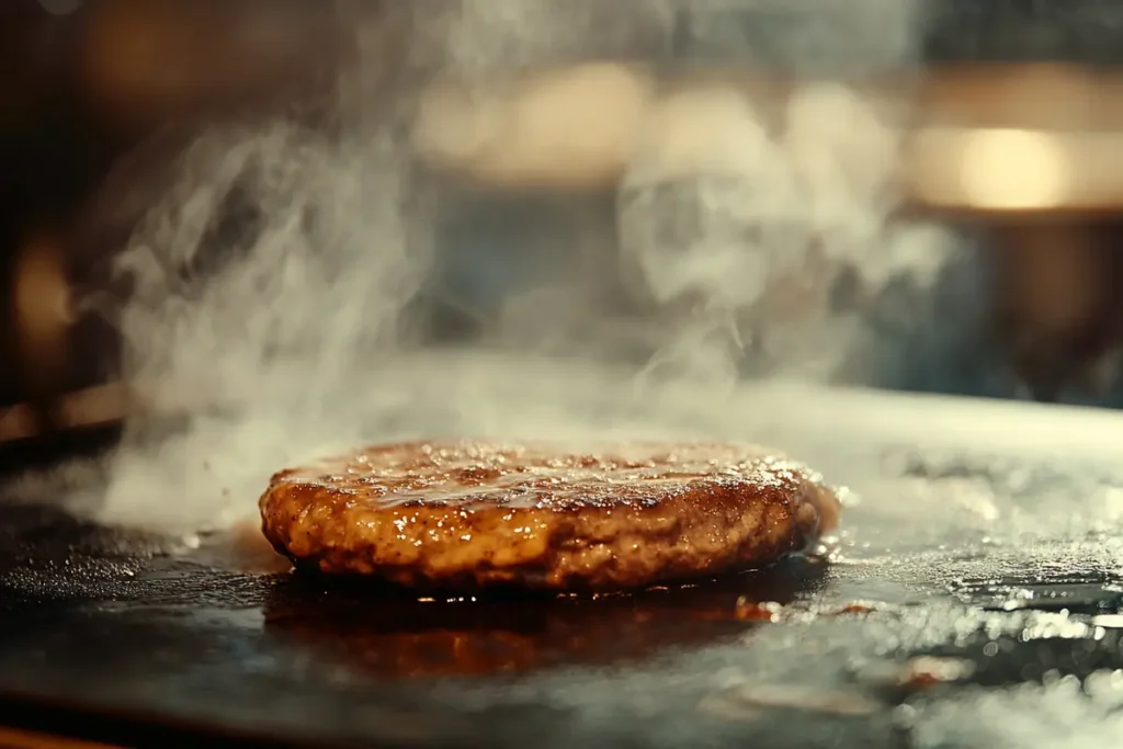  Close-up of a smash burger cooking on a hot griddle, showing the caramelization.

