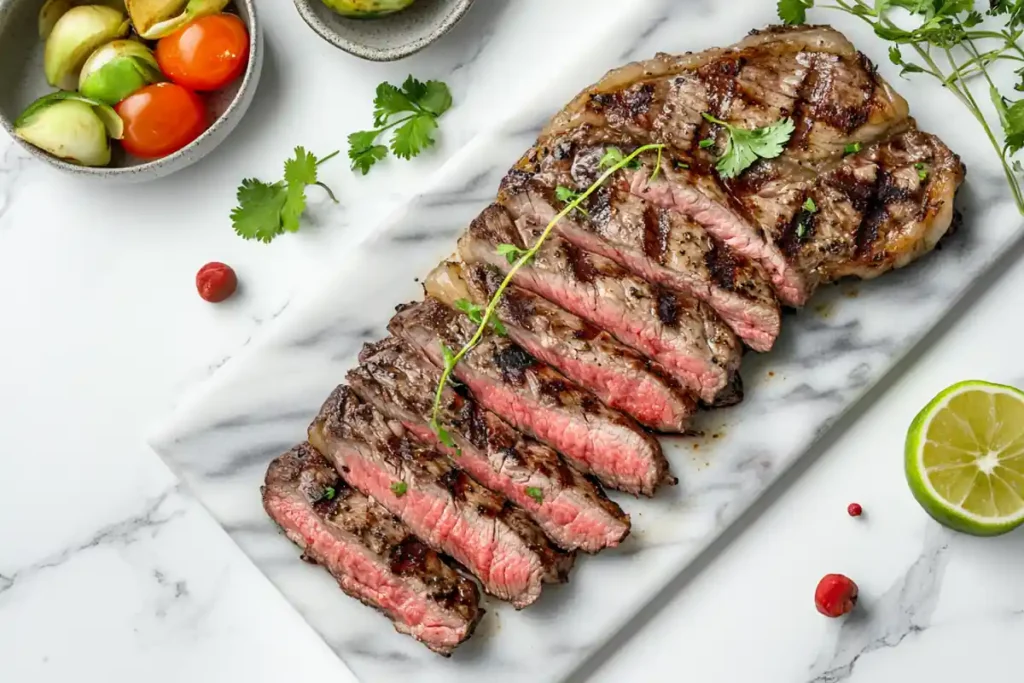 Close-up view of carne asada sliced and ready to serve, on a marble surface.