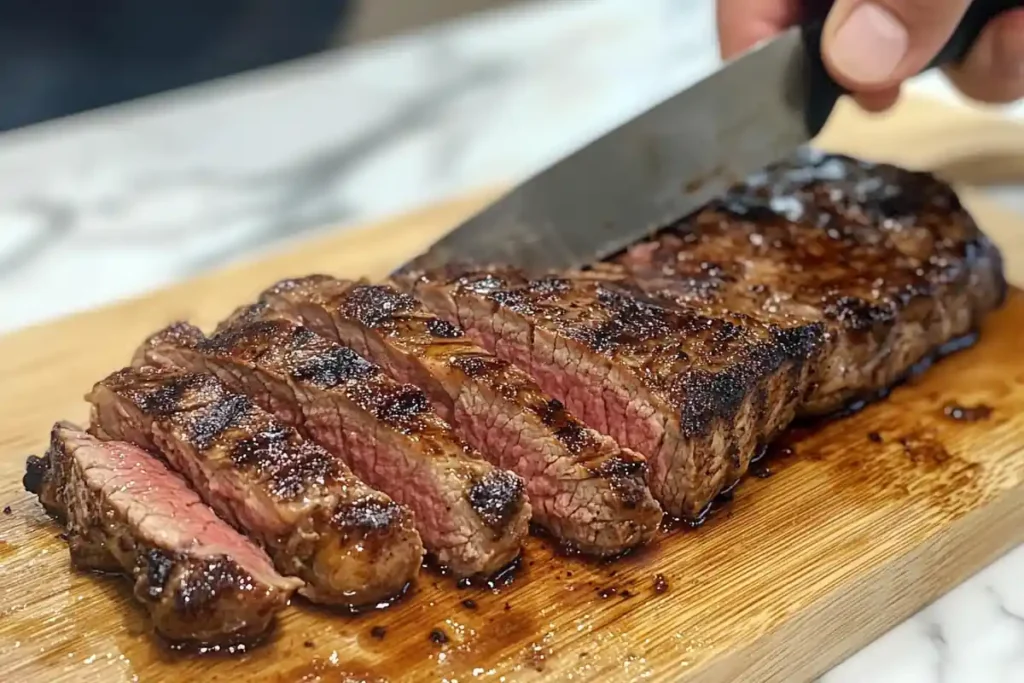 Hands slicing a chipotle steak against the grain, with a marble background.