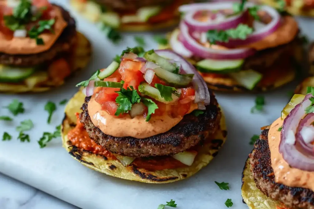 Mouthwatering smash burger tacos arranged on a rustic wooden board.