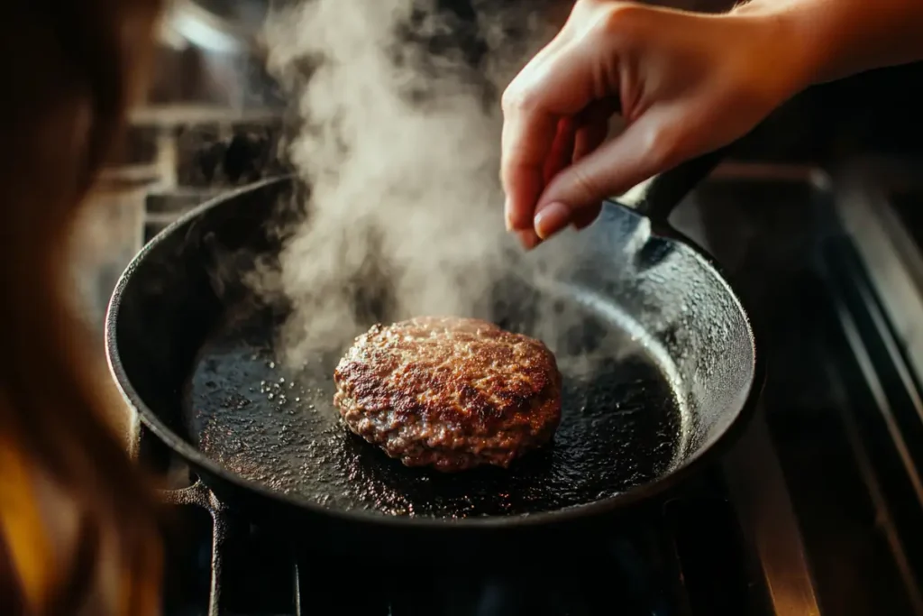 Smashing a burger patty on a hot skillet.