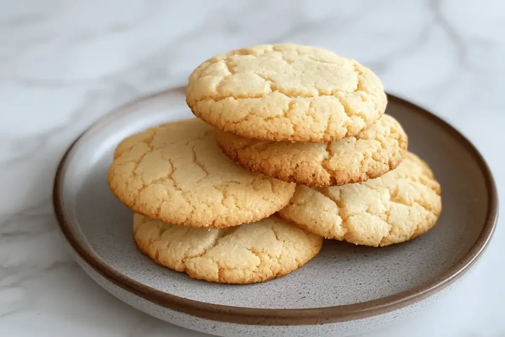 Close-up of a plate of soft cookies showing the secret ingredient’s impact on texture.