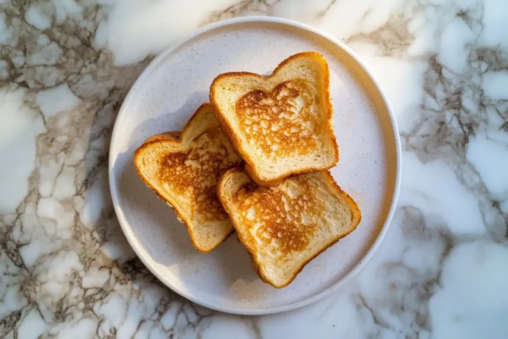 Delicious sourdough french toast on a marble surface.