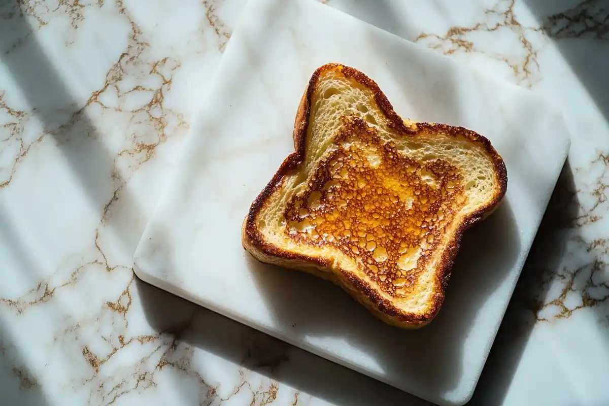 Delicious sourdough french toast on a marble surface.