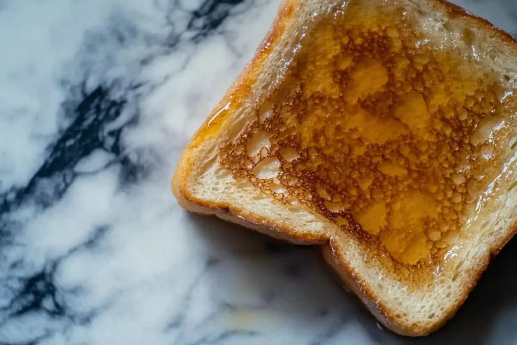 A slice of sourdough french toast with syrup on a marble surface.