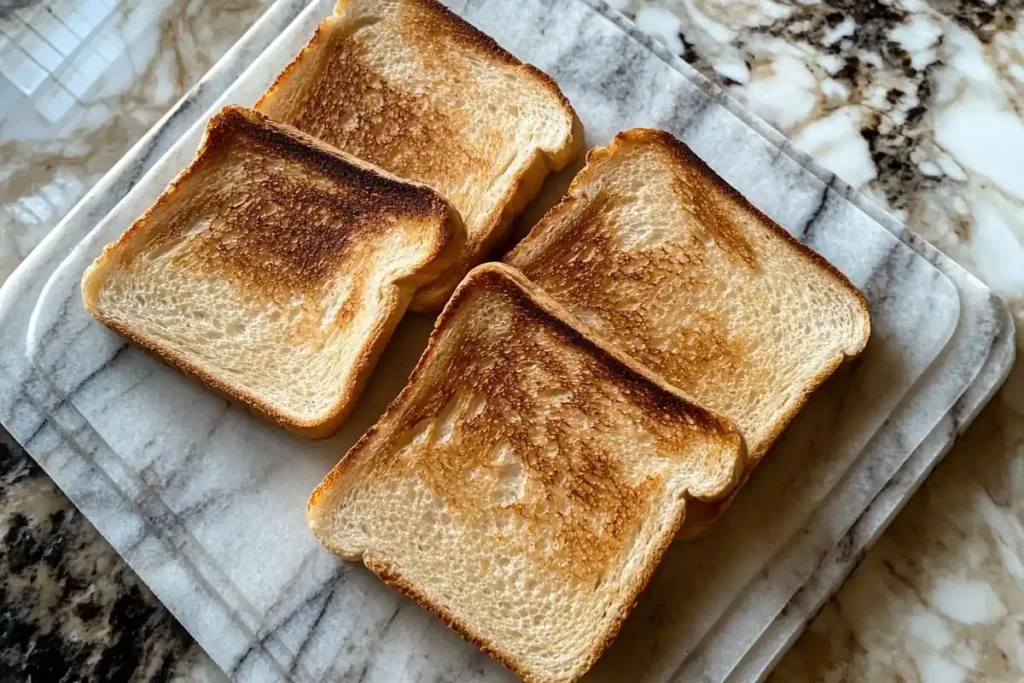 A delicious piece of sourdough bread toast on a marble surface.