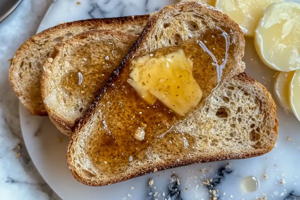 A close-up of sourdough bread toast with butter and jam.