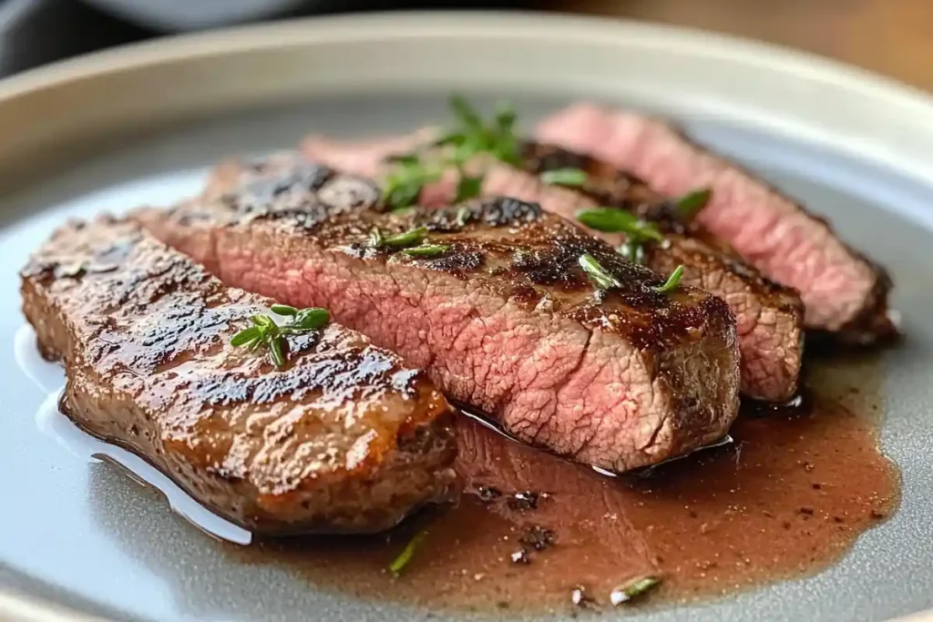 Close-up of sliced seared steak with a simple pan sauce, showing an exception to his no-sauce rule.