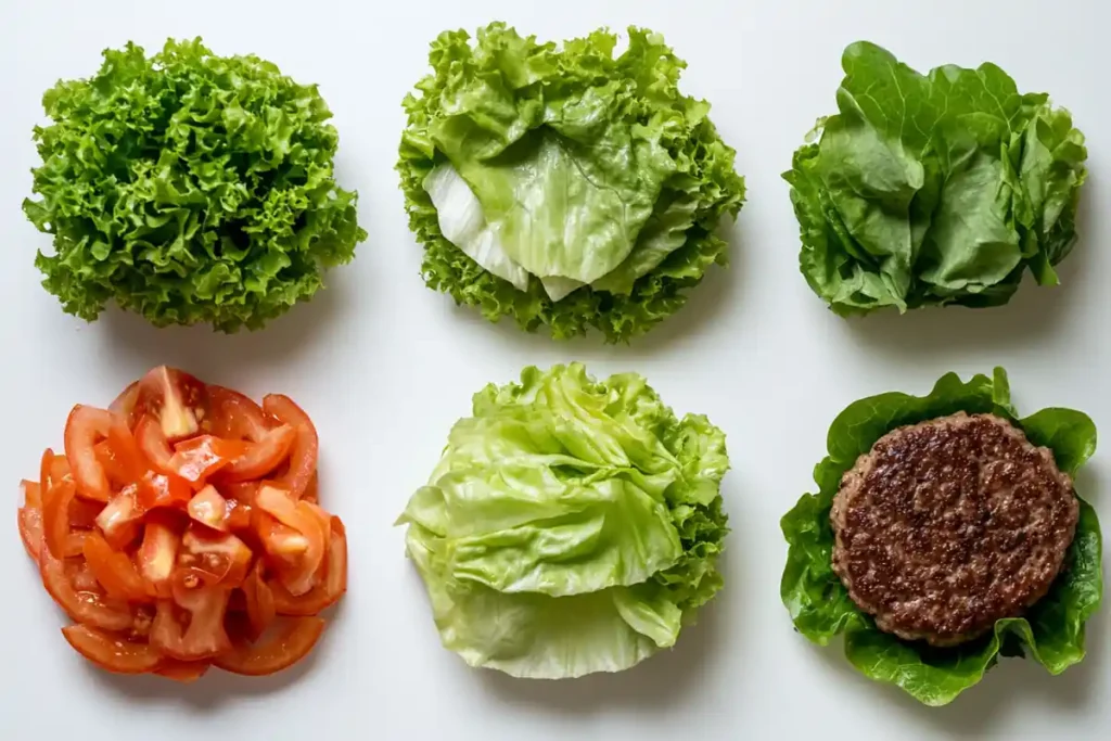 Step-by-step images of wrapping a burger in lettuce.