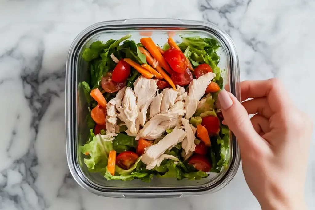 A hand carefully placing fresh chicken salad into an airtight container.