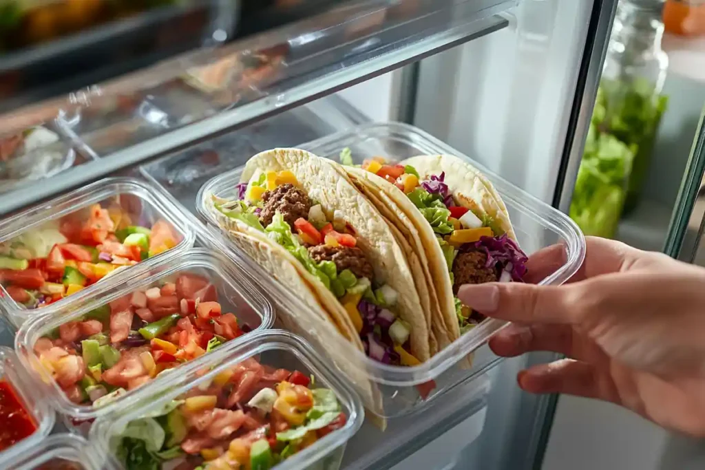 A person storing smash burger taco ingredients in separate containers in a refrigerator.