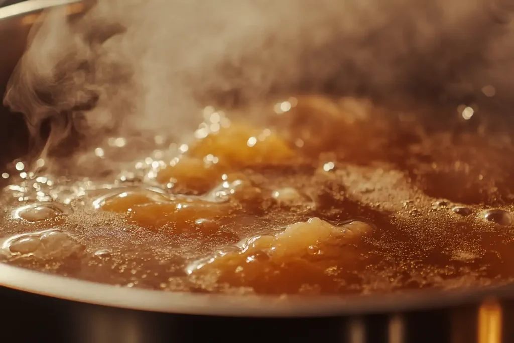 A close-up shot of bone broth being heated in a pot on a stovetop, with visible steam | Professional food photography, shallow depth of field, warm lighting, focus on the simmering liquid --ar 3:2 --v 6.1