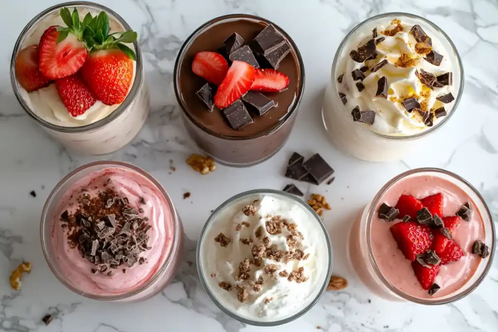 Various types of strawberry pudding such as chocolate and cheesecake pudding.