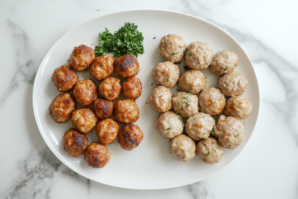 A top-down view of homemade Swedish meatballs and regular meatballs, showcasing their unique characteristics.