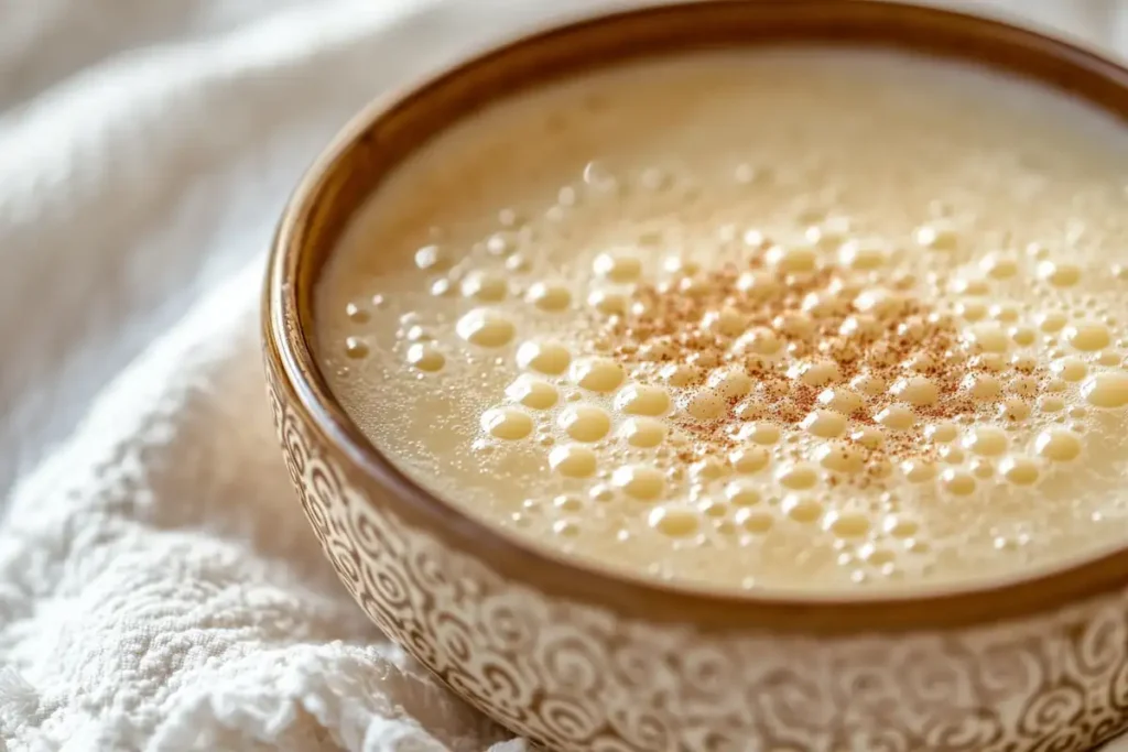 Close up of a tapioca pudding, highlighting its texture.