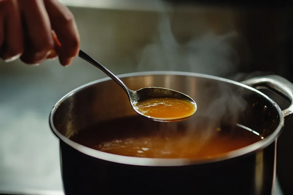 A person tasting soup with a spoon, showing the importance of tasting and seasoning during cooking, a key step in soup making, and finding the secret ingredient in soup