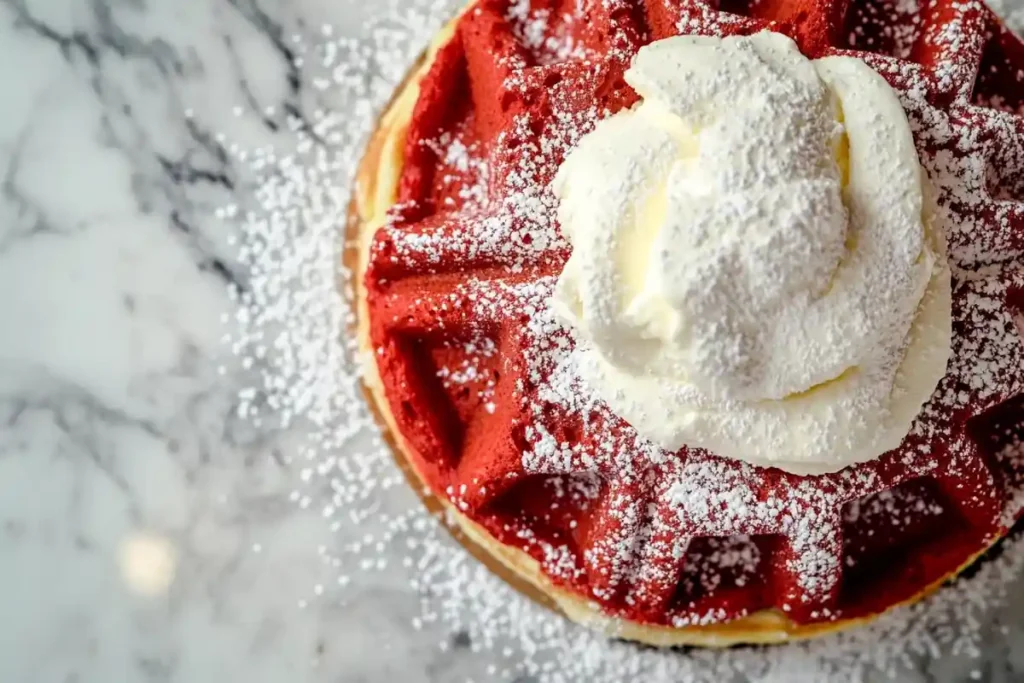 A finished red velvet waffle with cream cheese drizzling and powdered sugar.