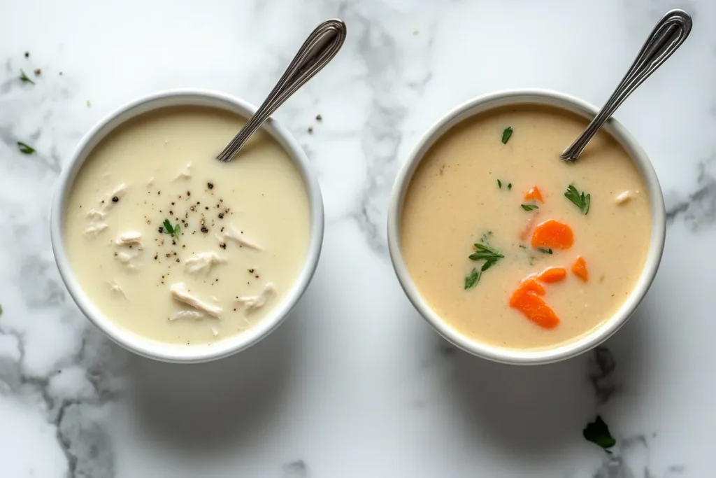 A close-up view of the different consistencies of both condensed and regular cream of chicken soup, shown on a marble surface.