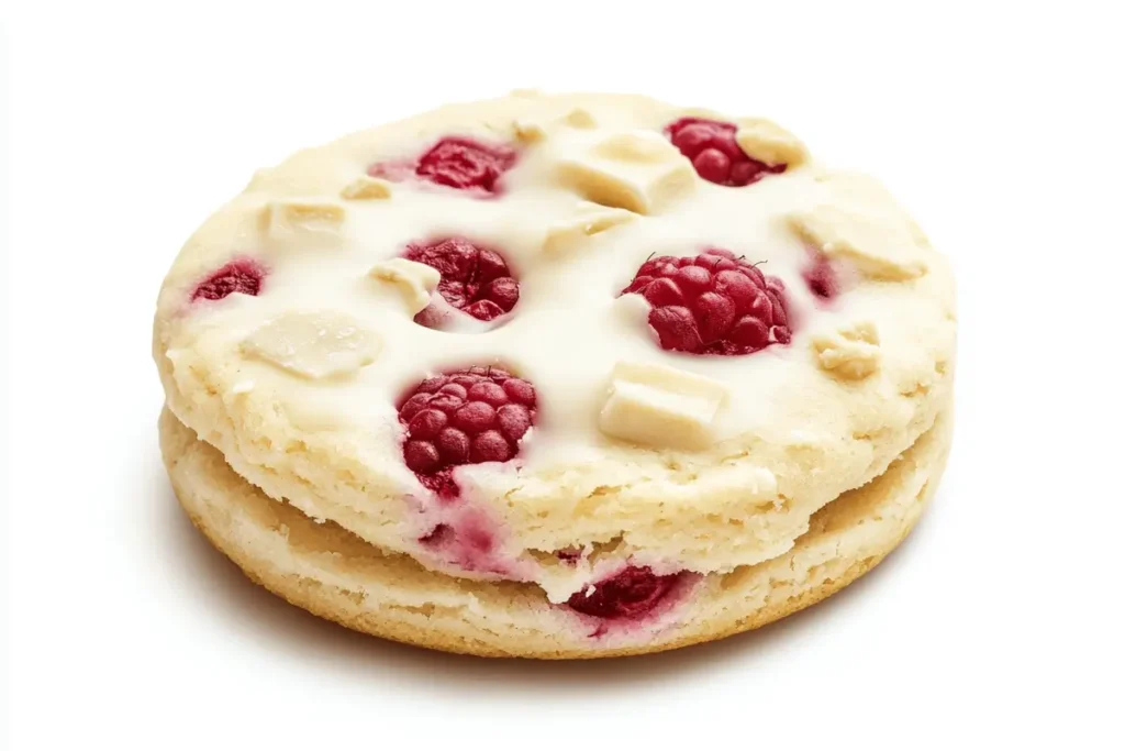 Close-up of a white chocolate and raspberry biscuit showing texture.