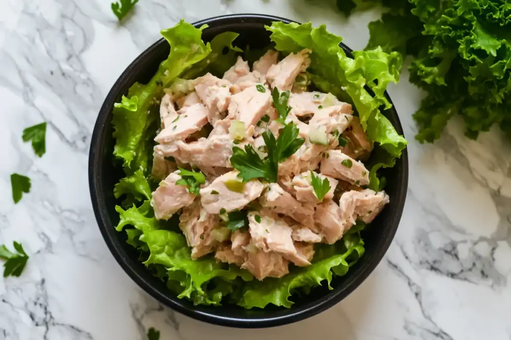 A bowl of delicious tuna salad next to fresh lettuce on a marble surface.