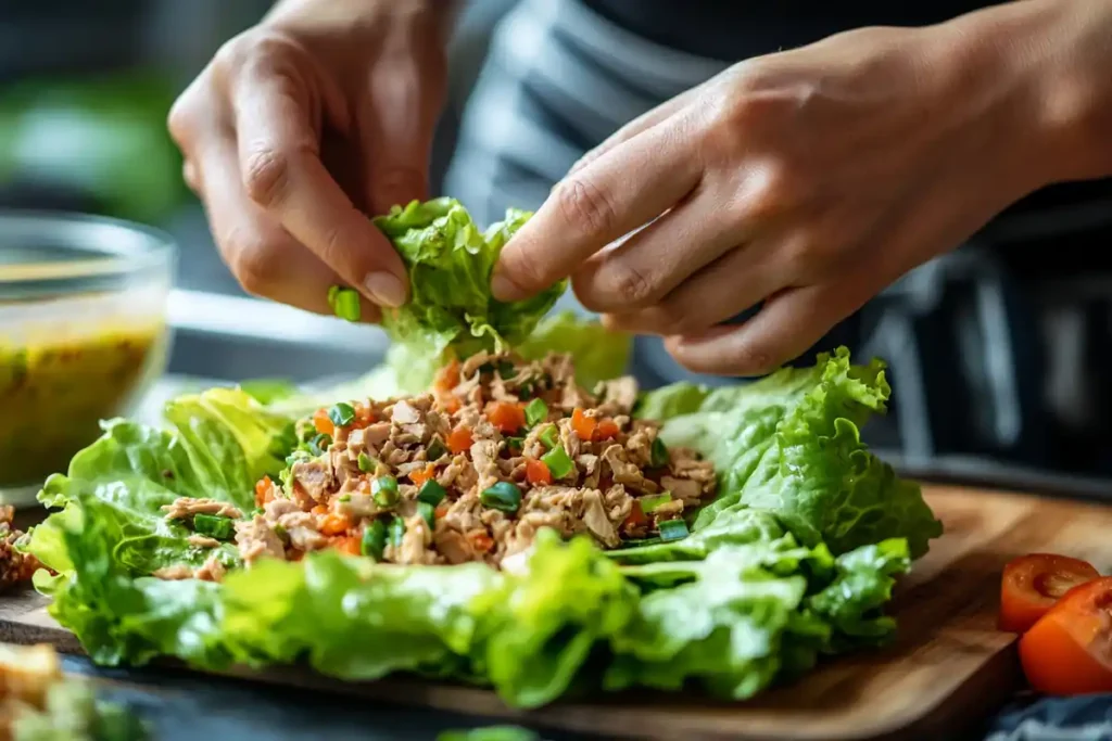 Hands preparing tuna lettuce wraps in a natural kitchen setting.