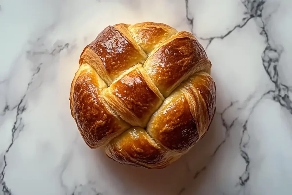 A close-up view of a cinnamon bun, with a soft and pillowy texture on a marble surface.