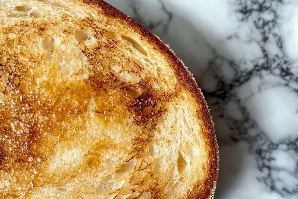 A close-up of the texture of toasted sourdough bread on a marble surface.