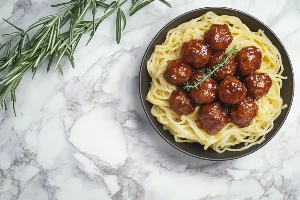 A beautifully plated, delicious serving of Swedish meatballs with egg noodles, ready to be savored.