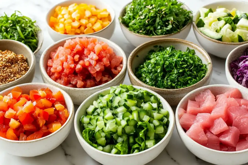 Colorful and fresh toppings for tuna and lettuce displayed on a marble table.