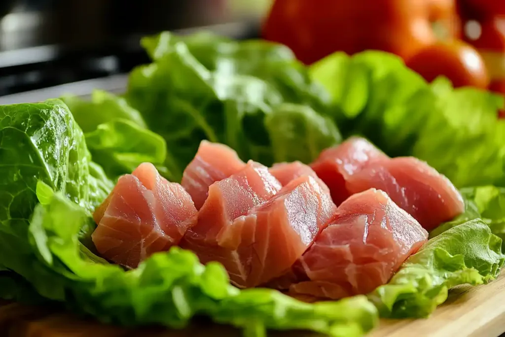 Close-up of tuna and lettuce showing a healthy pairing.