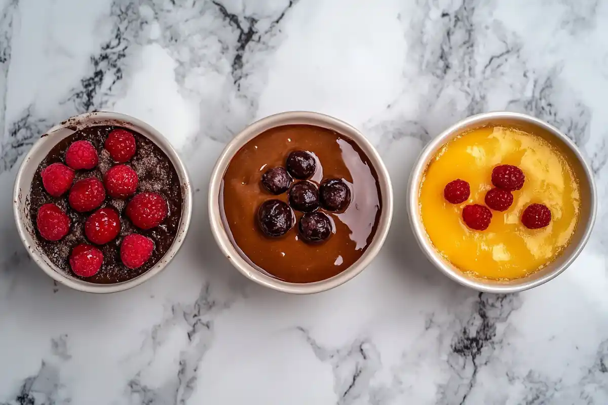 A top-down view of three different types of pudding on a marble background, illustrating the main topic.