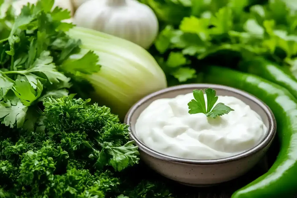 A close up view of ingredients that could be used for making a chicken salad, such as mayonnaise, herbs, and vegetables.