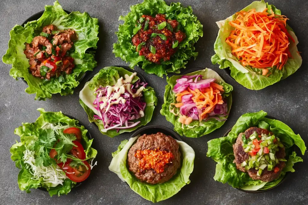 Top-down view of various lettuce wrap burgers from different places.