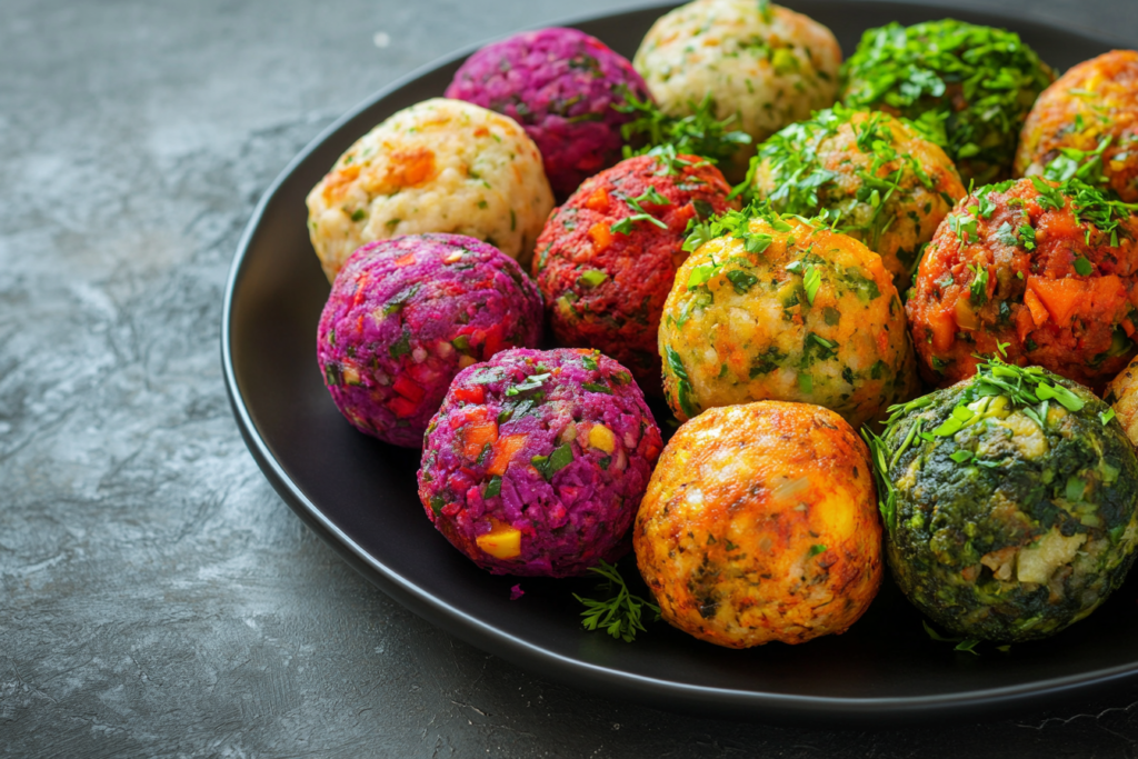 An array of different vegetable soup balls, with unique ingredient combinations.