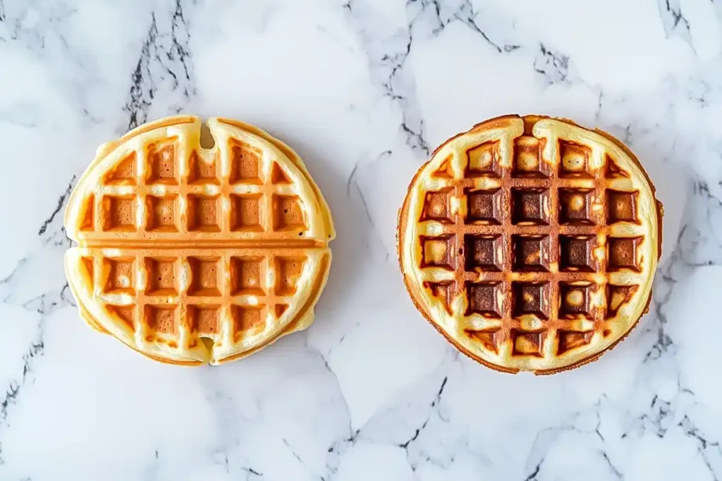 Belgian waffles and regular waffles side-by-side on a marble surface.