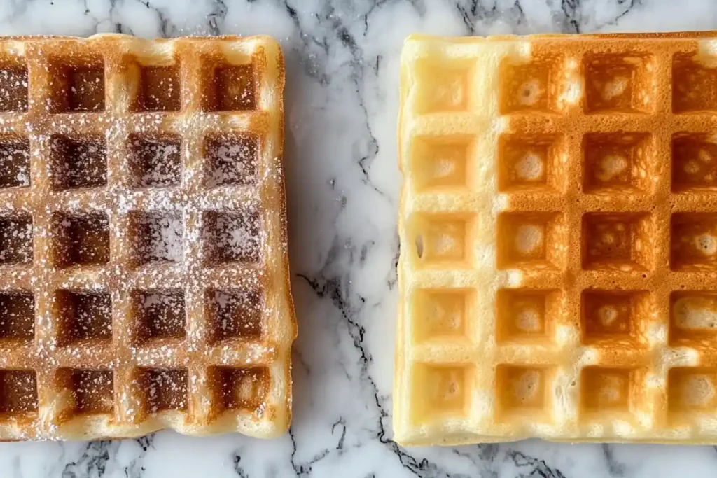 Side-by-side view of the texture of a Belgian waffle and a regular waffle.