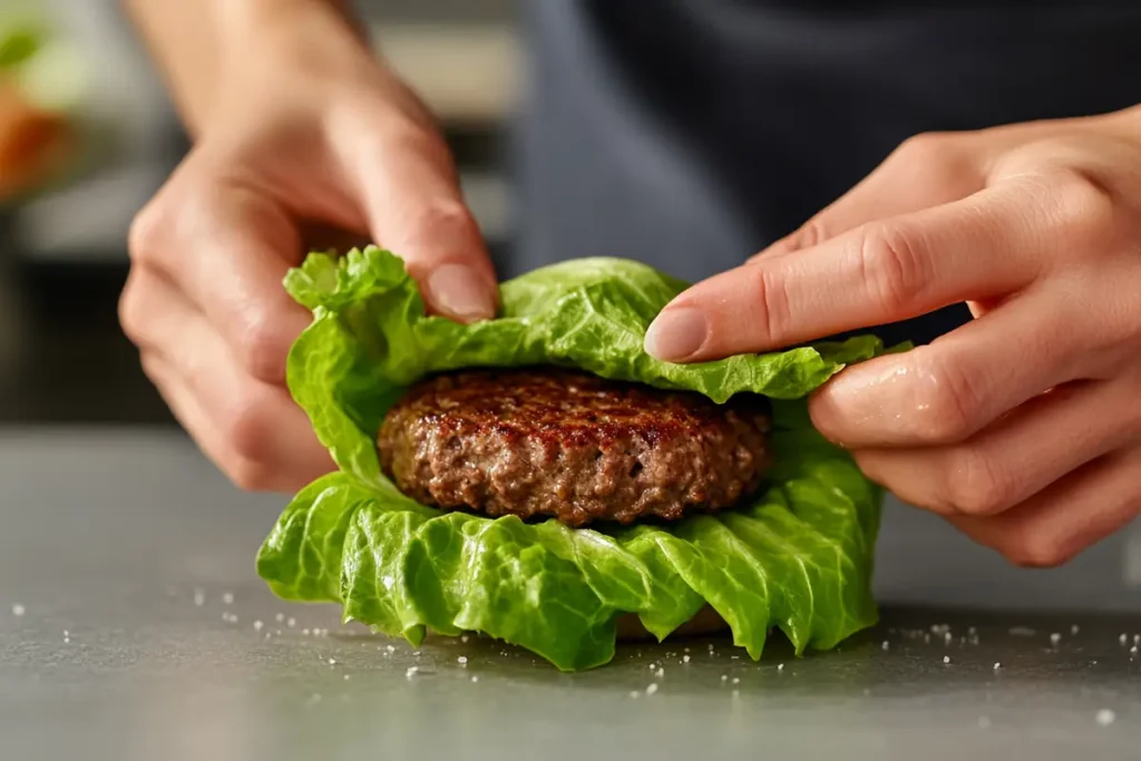 Hands wrapping a burger patty in a lettuce leaf.